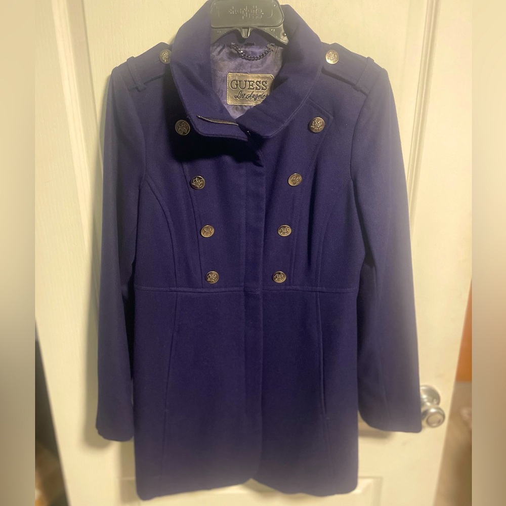 Guess Women’s Double Breasted Midi Length Trench Peacoat Style Wool Blend Coat